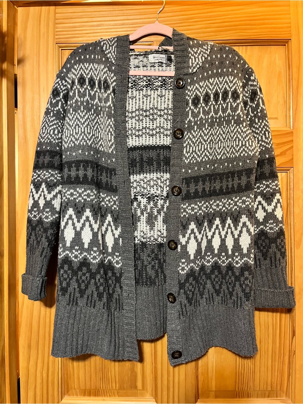 Jon & Anna Gray and White Nordic-Pattern Button Hooded Front Cardigan